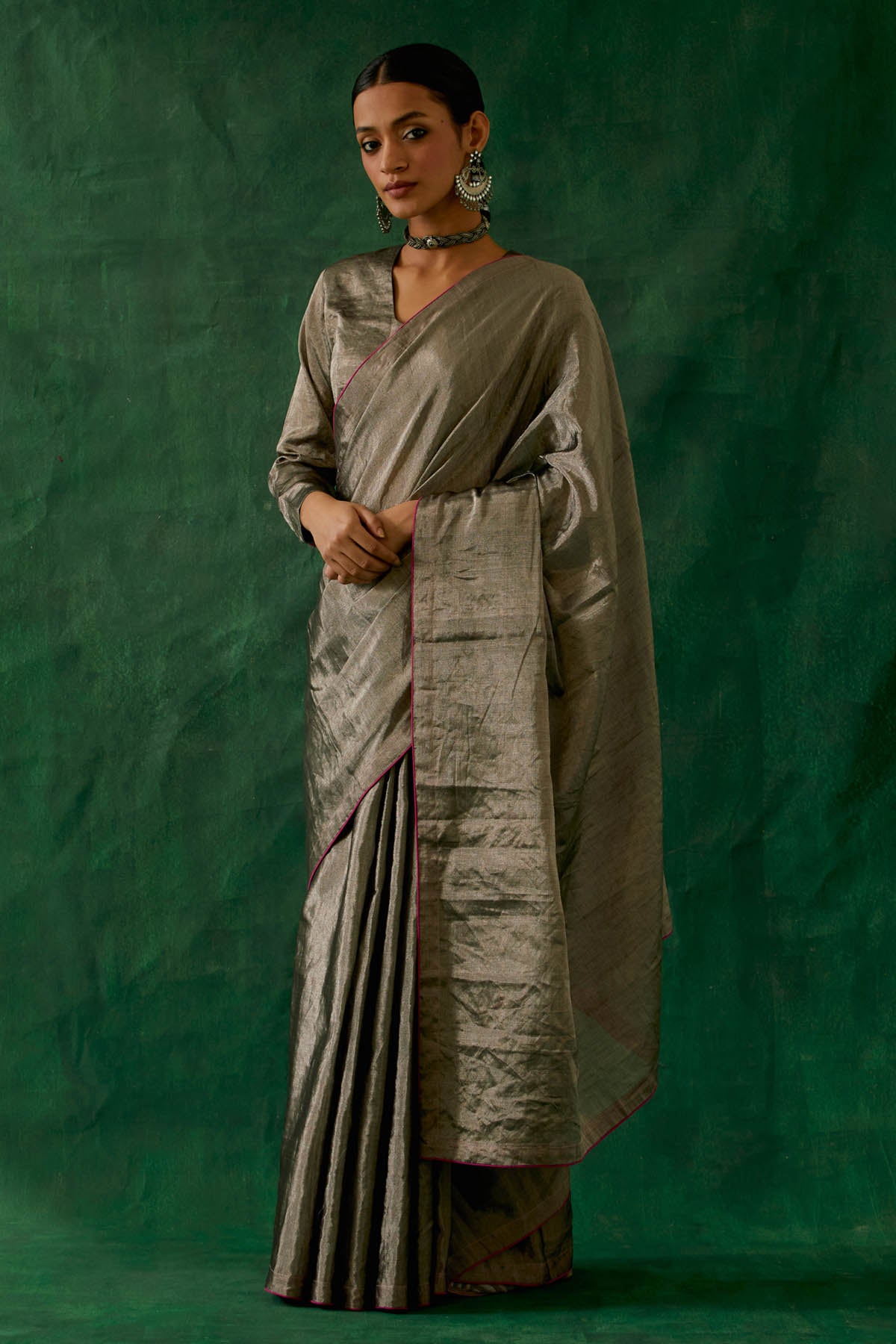 Black Silver Contrast Piping Saree Set