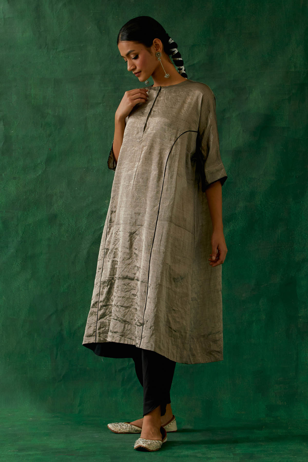 Silver Long Kurta & Black Dhoti