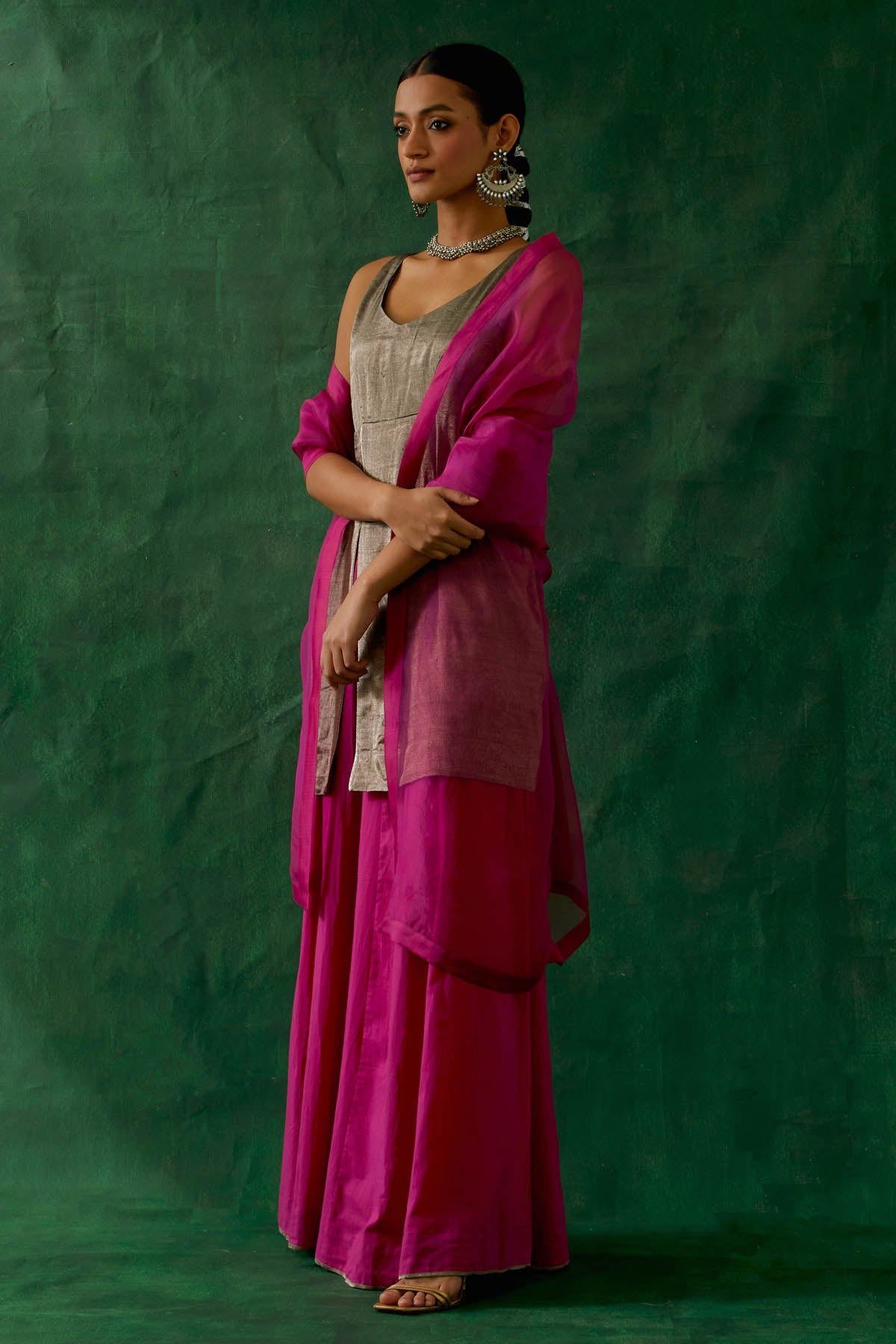 Black Silver Zari Silk Kurta Set