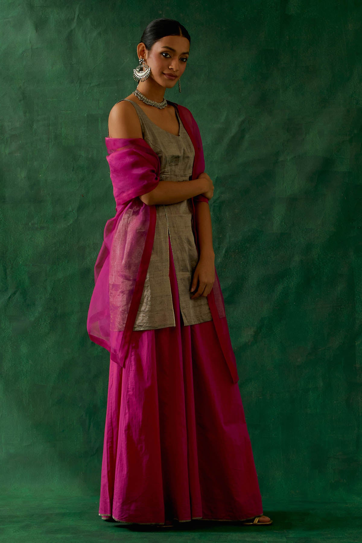 Black Silver Zari Silk Kurta Set