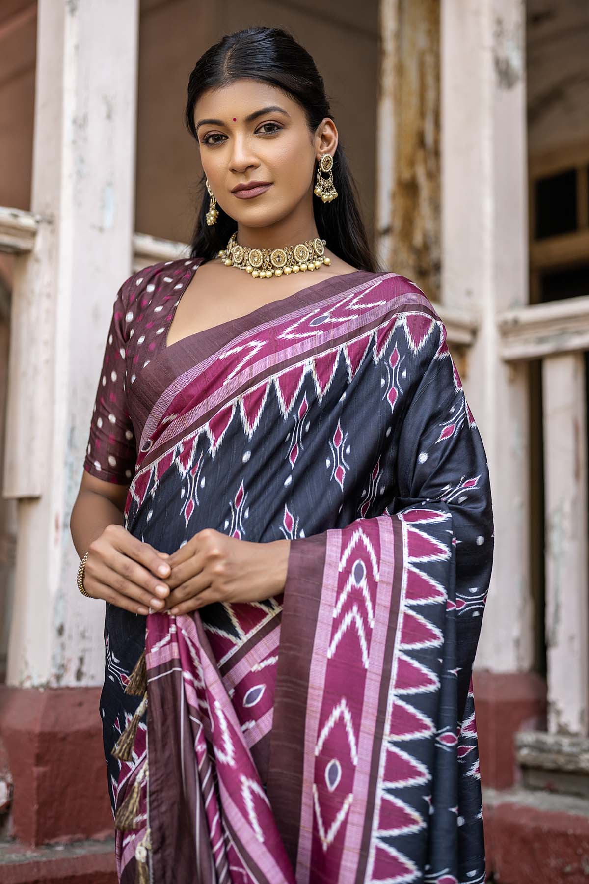 Black Temple Border Saree