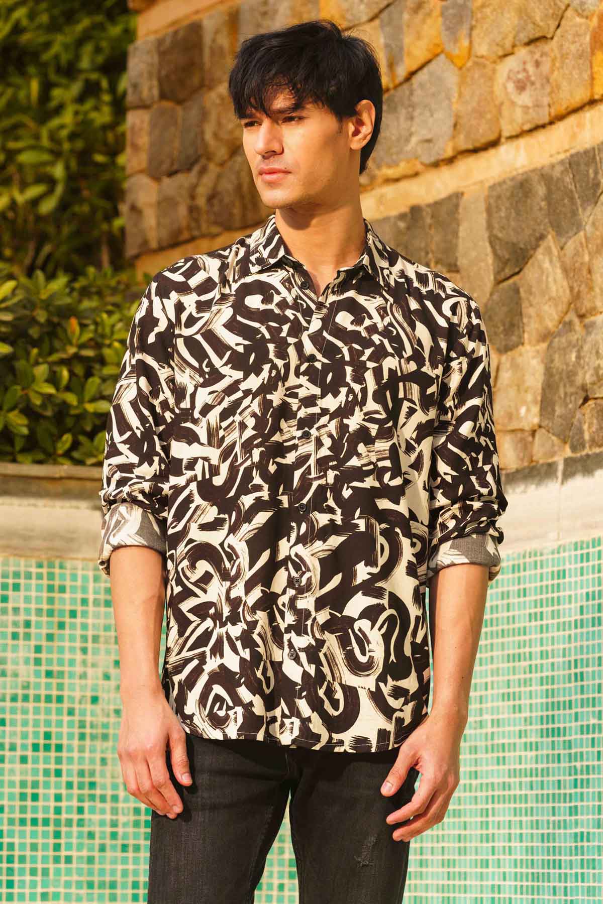 Sewtable Clothing Black Abstract Printed Shirt for men online at ScrollnShops