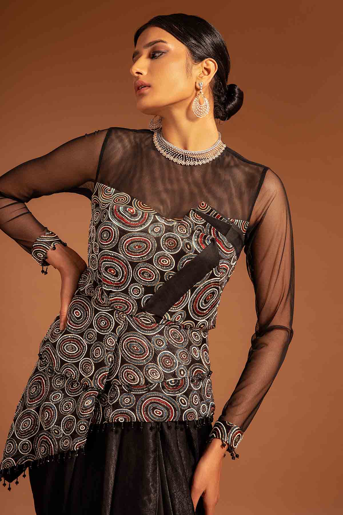 Black Ajrakh Drape Saree Gown