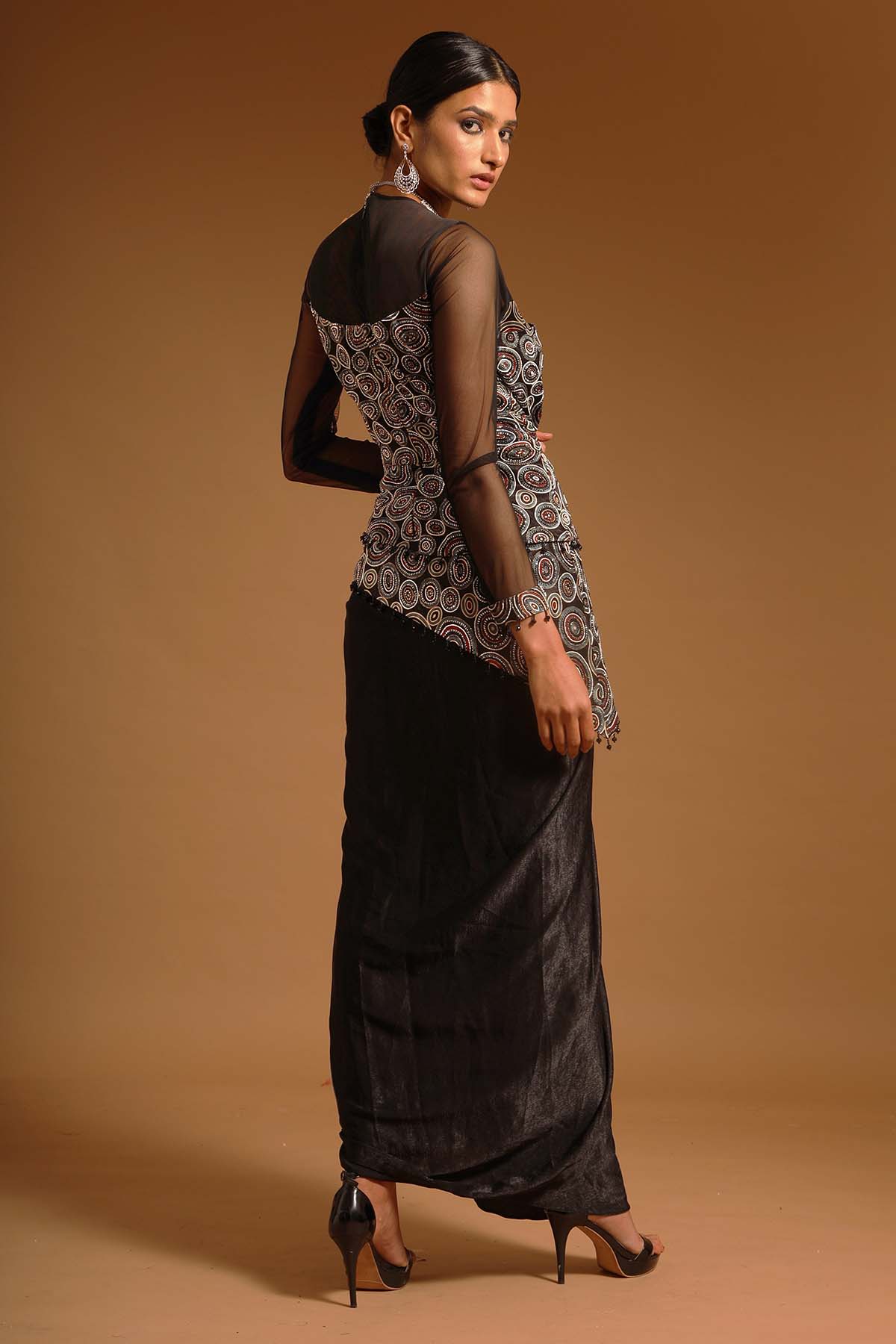 Black Ajrakh Drape Saree Gown