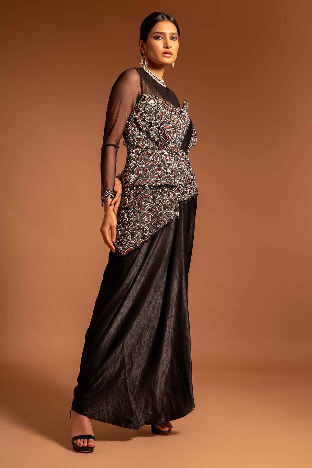 Black Ajrakh Drape Saree Gown