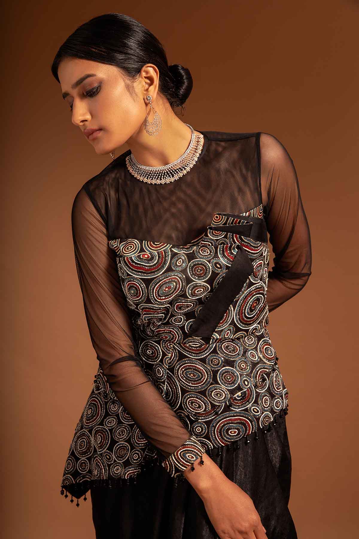 Black Ajrakh Drape Saree Gown