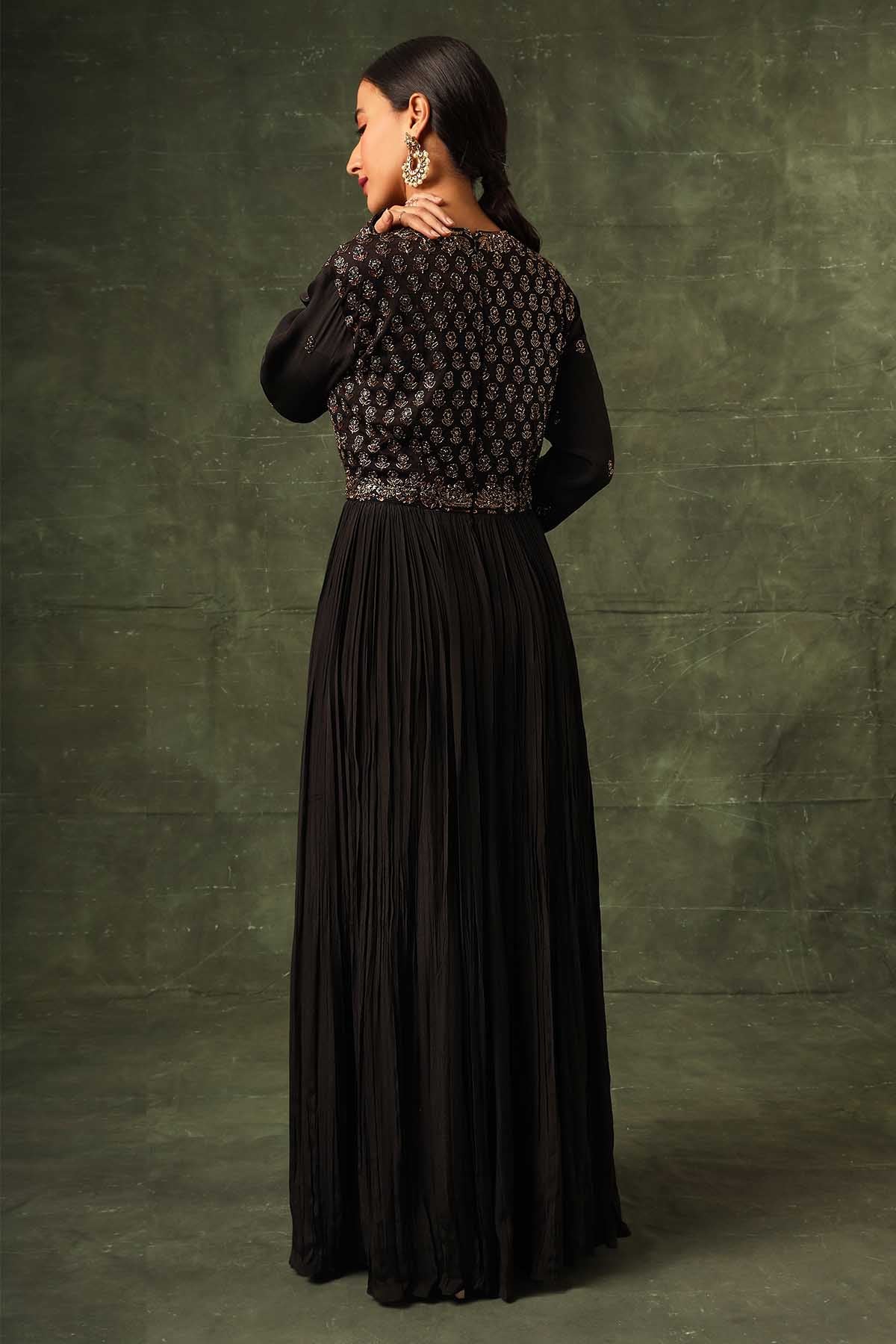 Black Ajrakh Gathered Maxi Dress