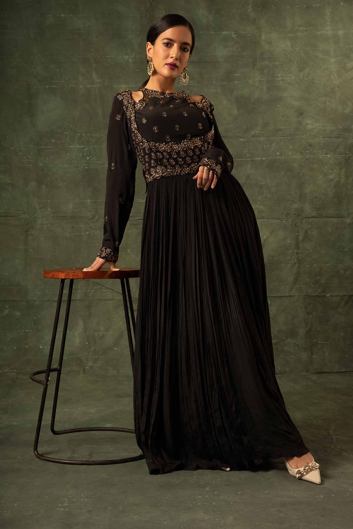 Black Ajrakh Gathered Maxi Dress