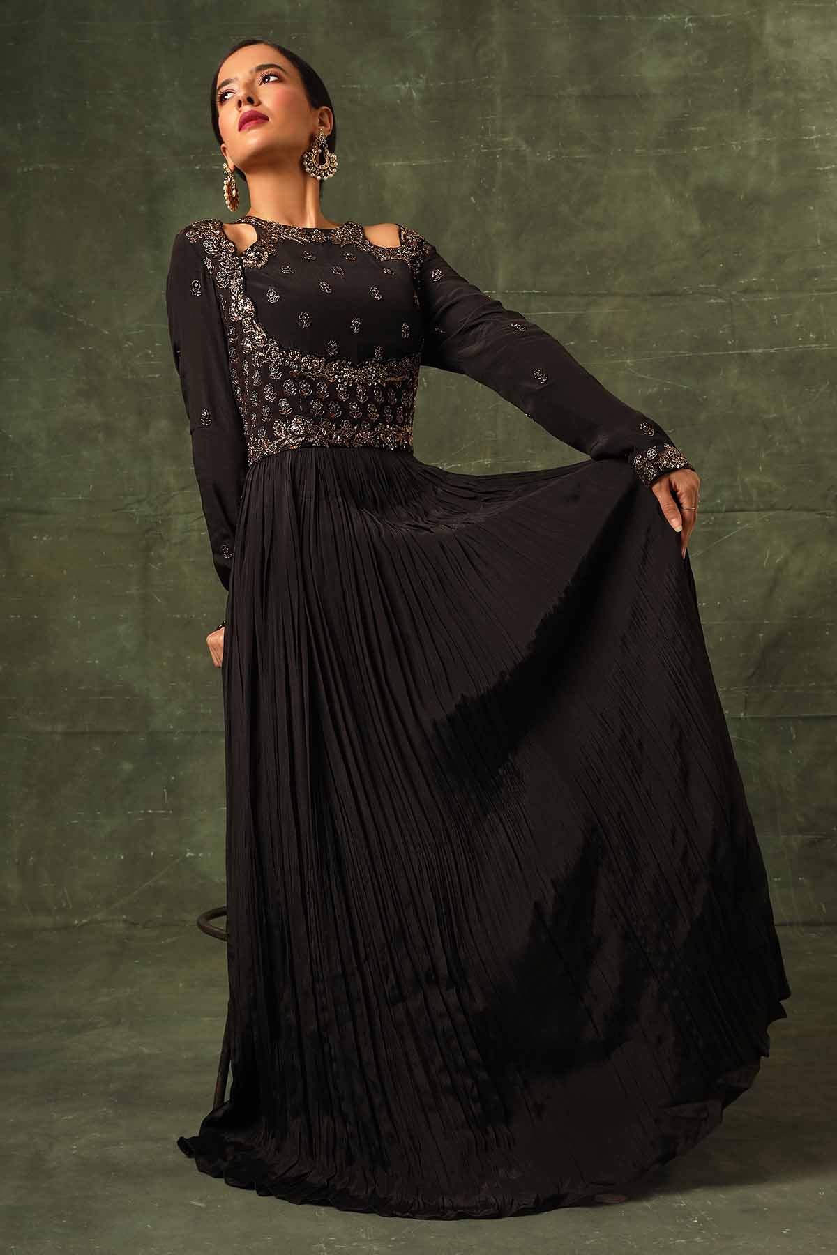 Black Ajrakh Gathered Maxi Dress