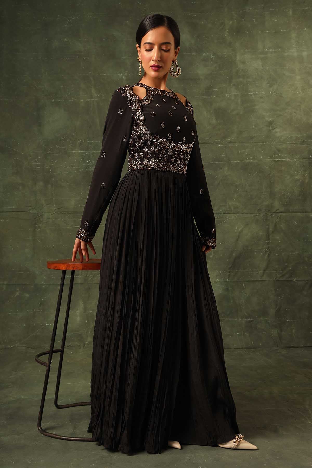 Sejal Kamdar Black Ajrakh Gathered Maxi Dress for women online at ScrollnShops