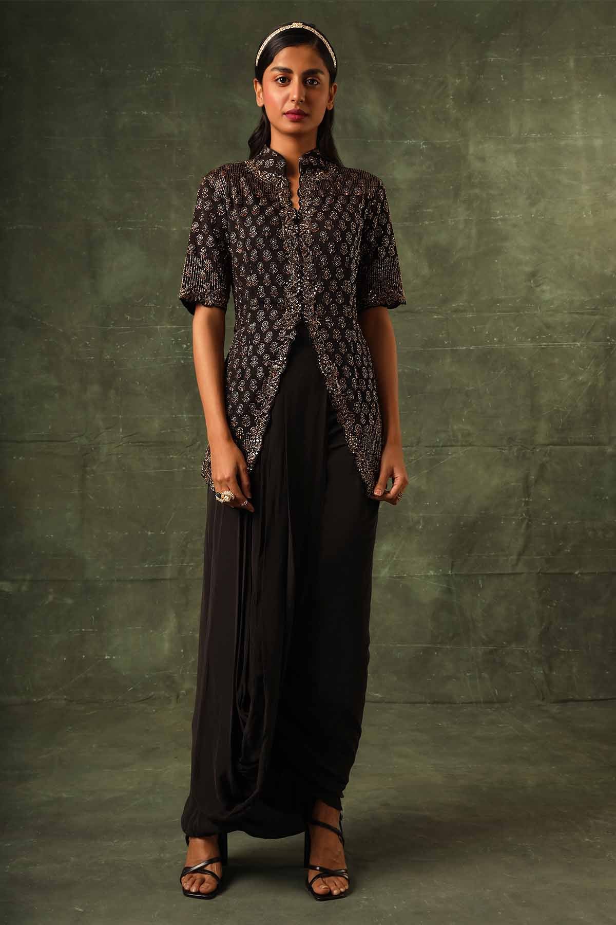 Sejal Kamdar Black Ajrakh Jacket & Skirt for women online at ScrollnShops