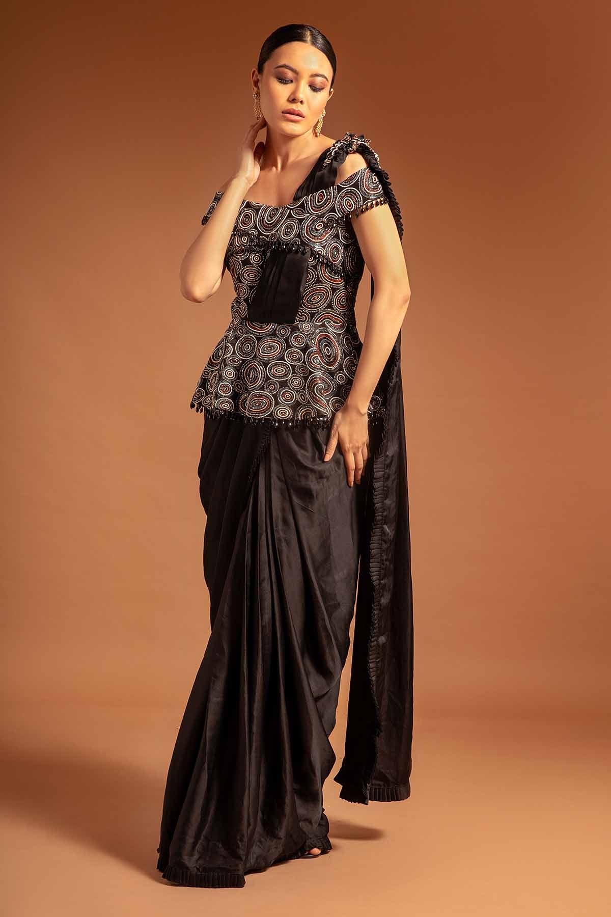 Buy Black Ajrakh Peplum Saree Gown by Sejal Kamdar at ScrollnShops