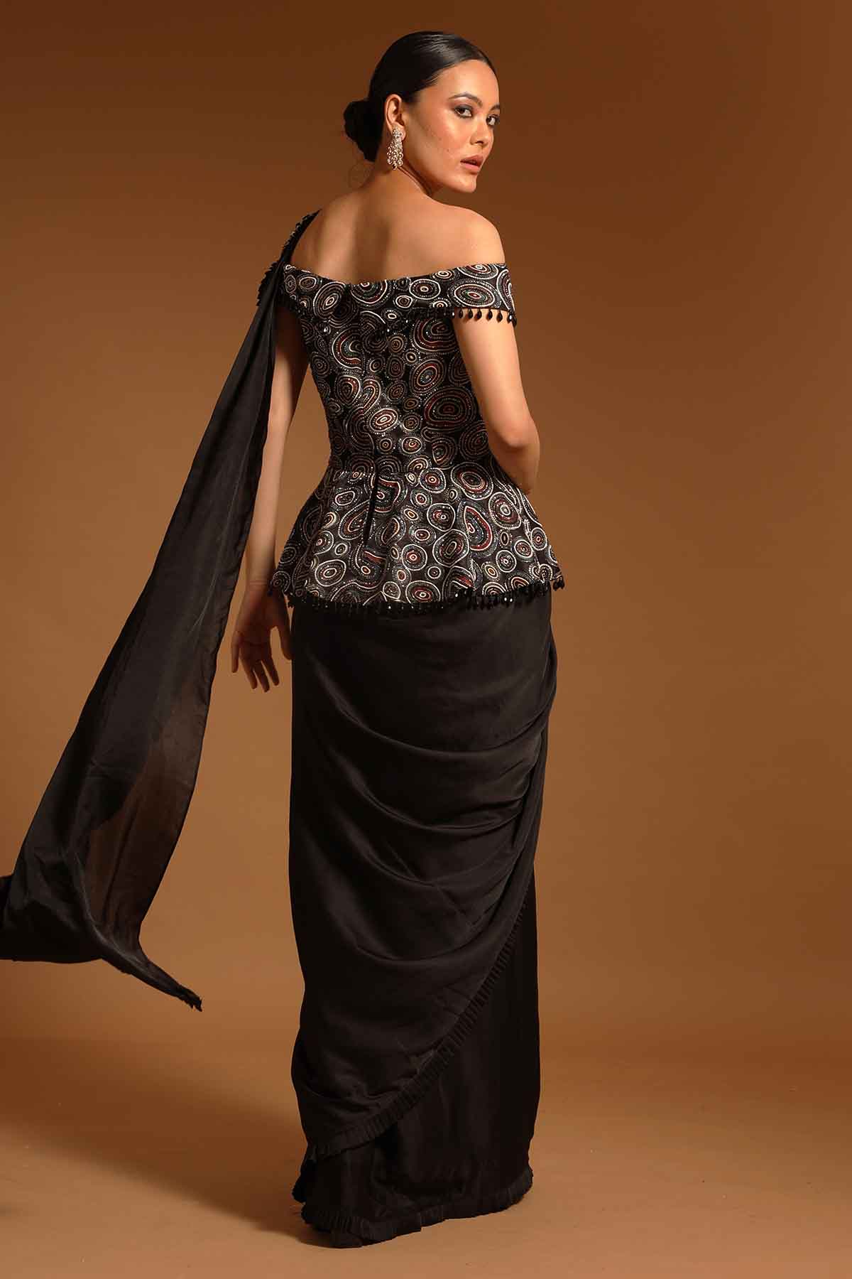 Black Ajrakh Peplum Saree Gown