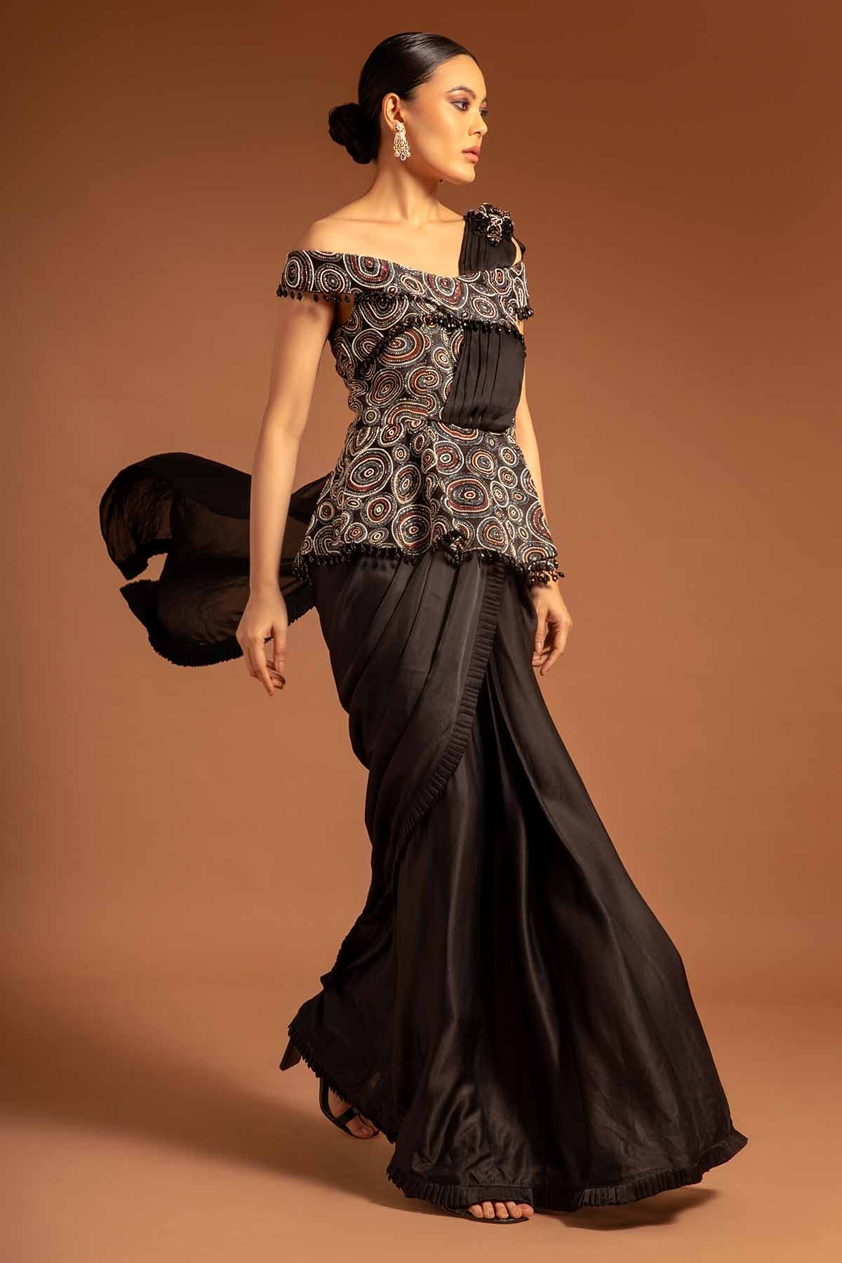Black Ajrakh Peplum Saree Gown
