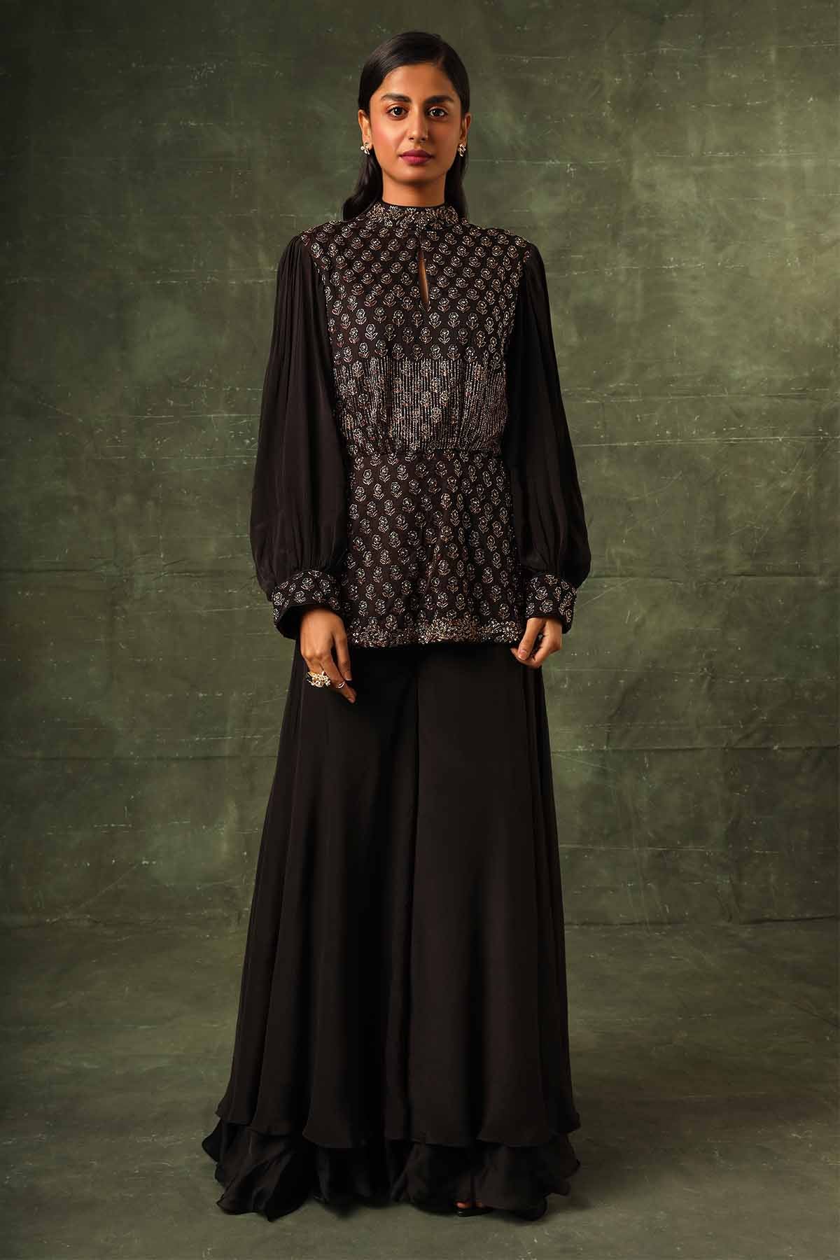 Black Ajrakh Peplum Top & Pants