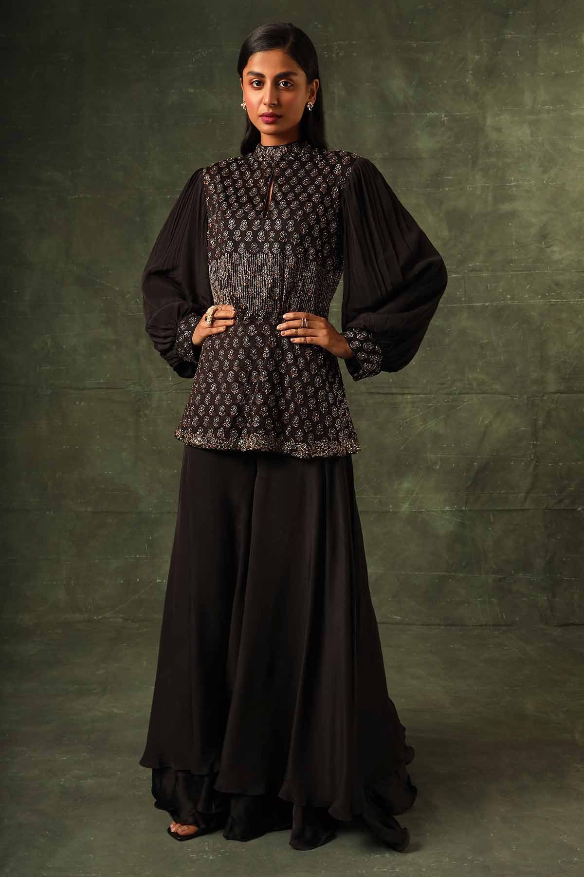 Sejal Kamdar Black Ajrakh Peplum Top & Pants for women online at ScrollnShops