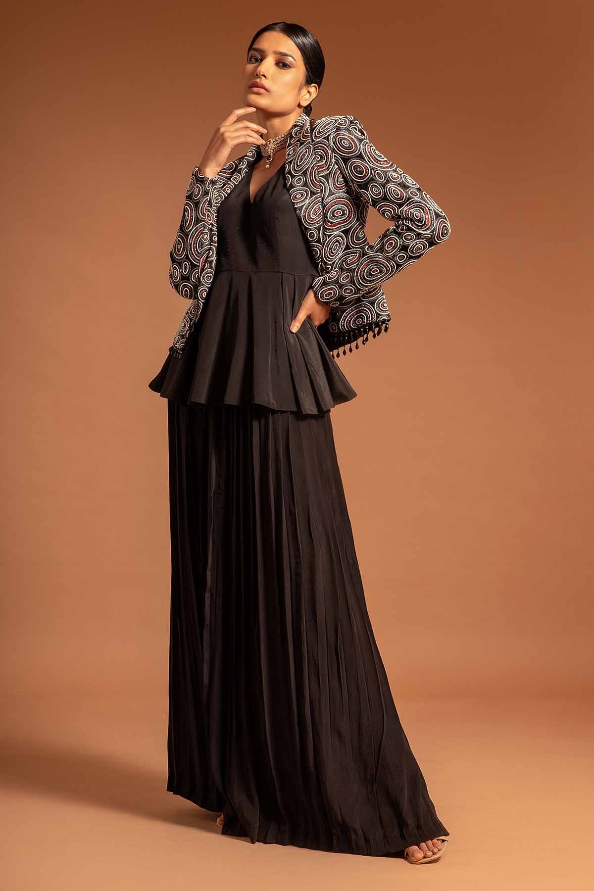 Buy Ajrakh Print Black Jacket Set by Sejal Kamdar at ScrollnShops