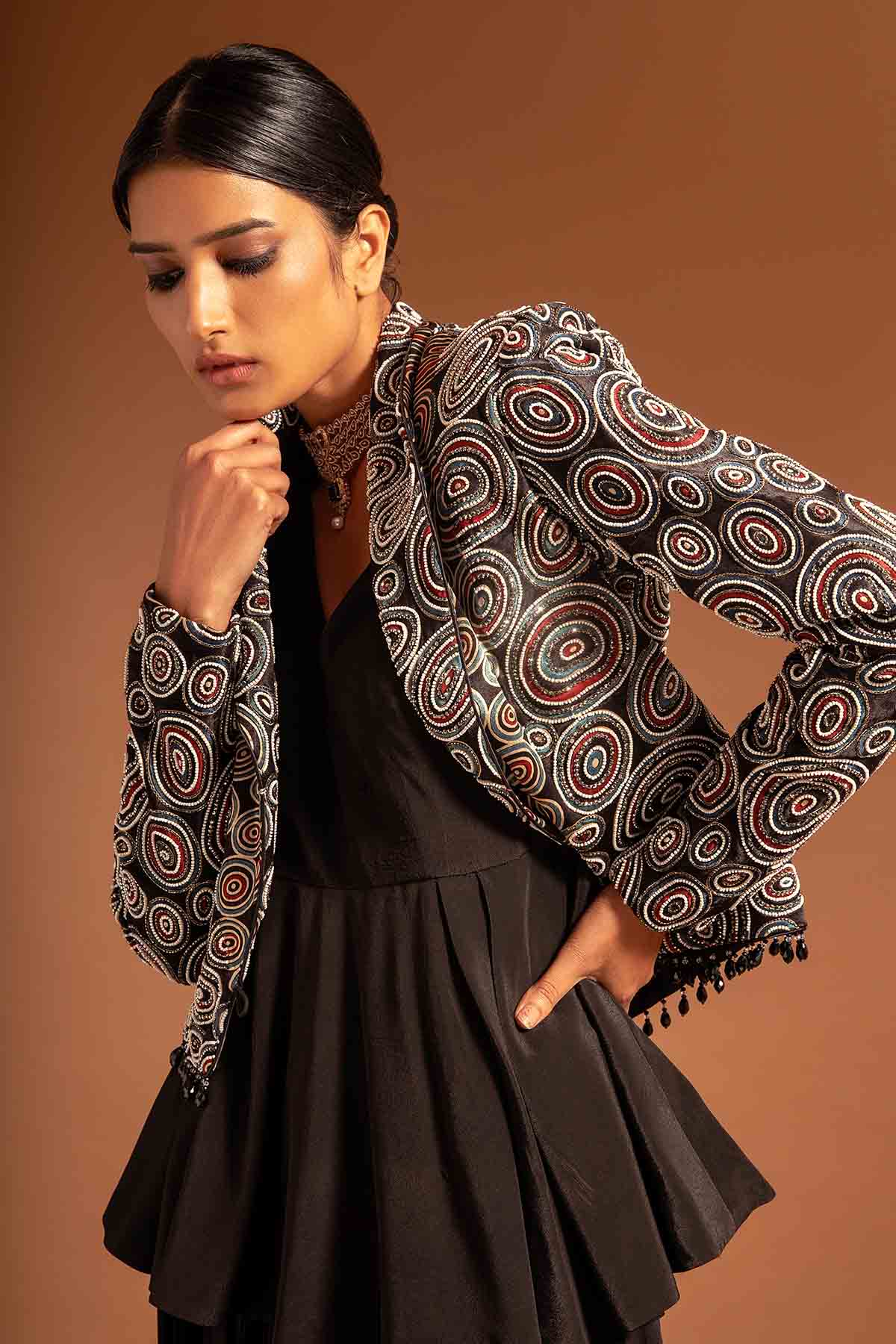 Ajrakh Print Black Jacket Set