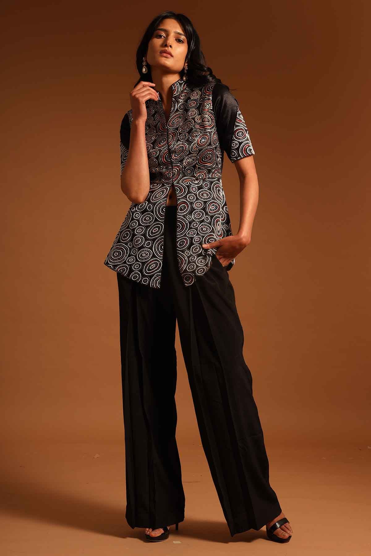 Buy Black Ajrakh Print Jacket Set by Sejal Kamdar at ScrollnShops