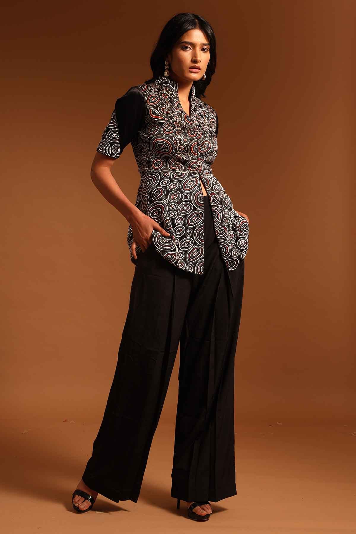 Black Ajrakh Print Jacket Set