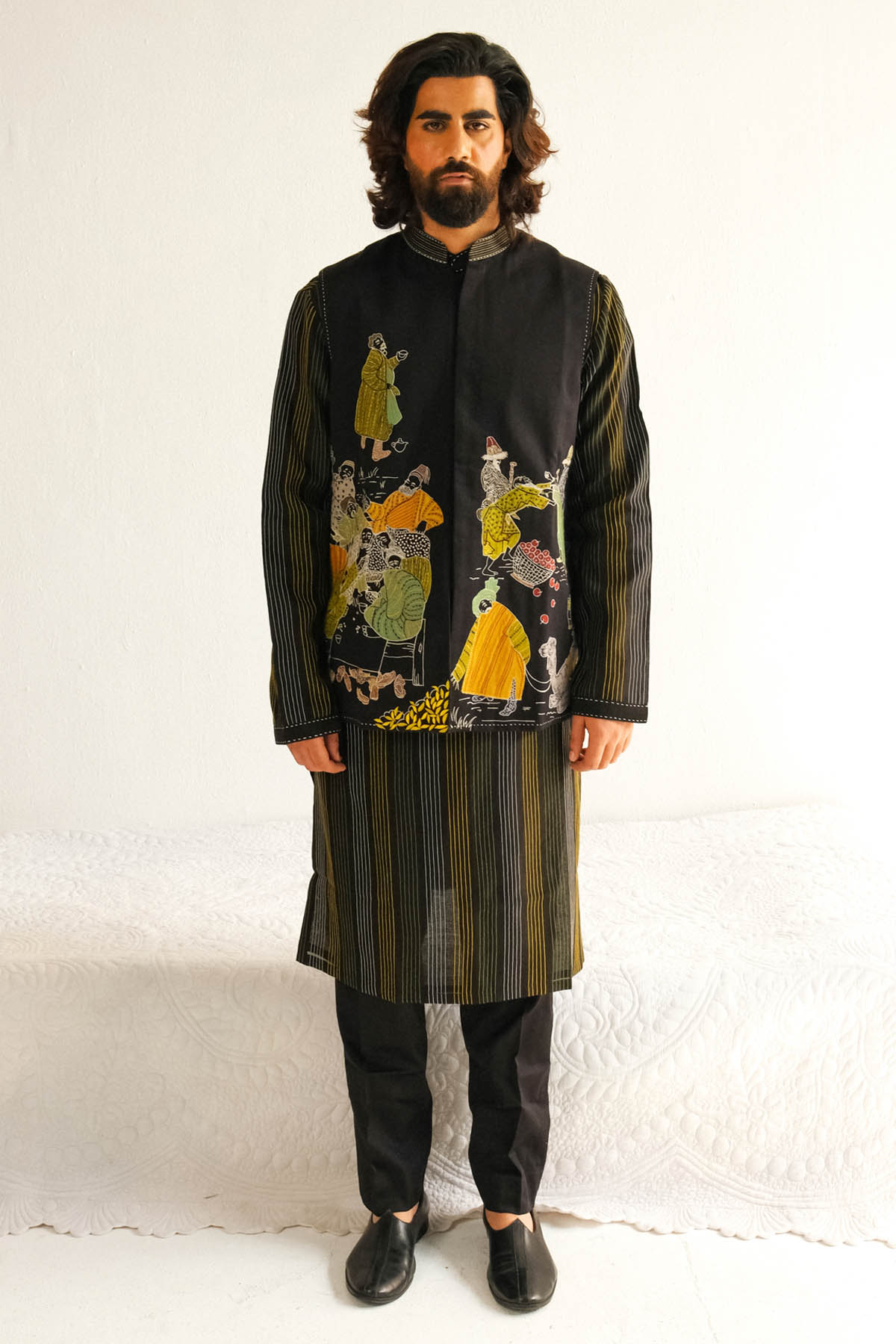 WABI SABI Black Applique Work Bundi set for men online at ScrollnShops