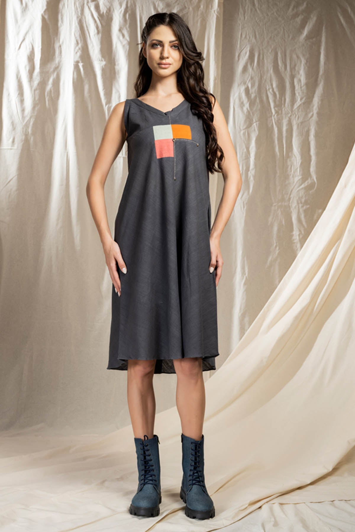 Thread Game Black Applique Work Midi Dress for women online at ScrollnShops