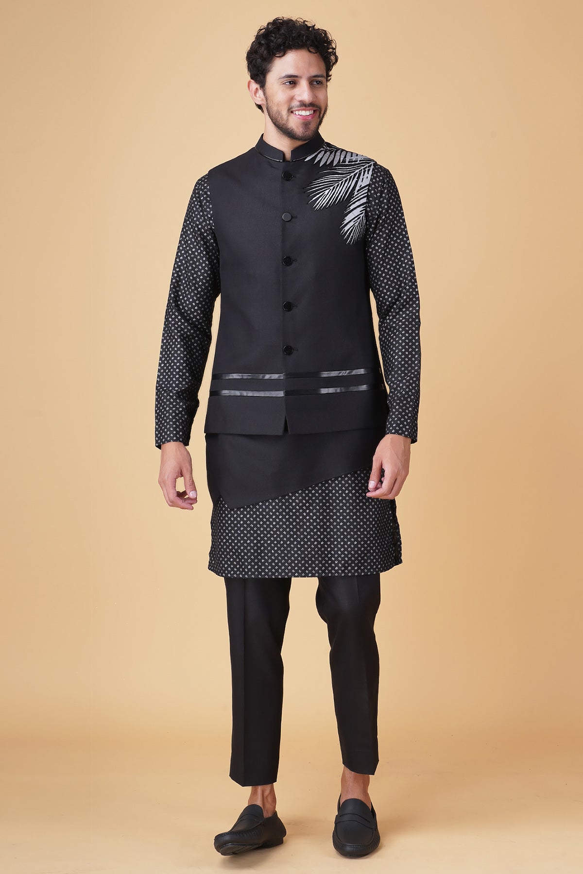 Buy Black Asymmetrical Bundi Set by Manish Nagdeo for Men online at ScrollnShops