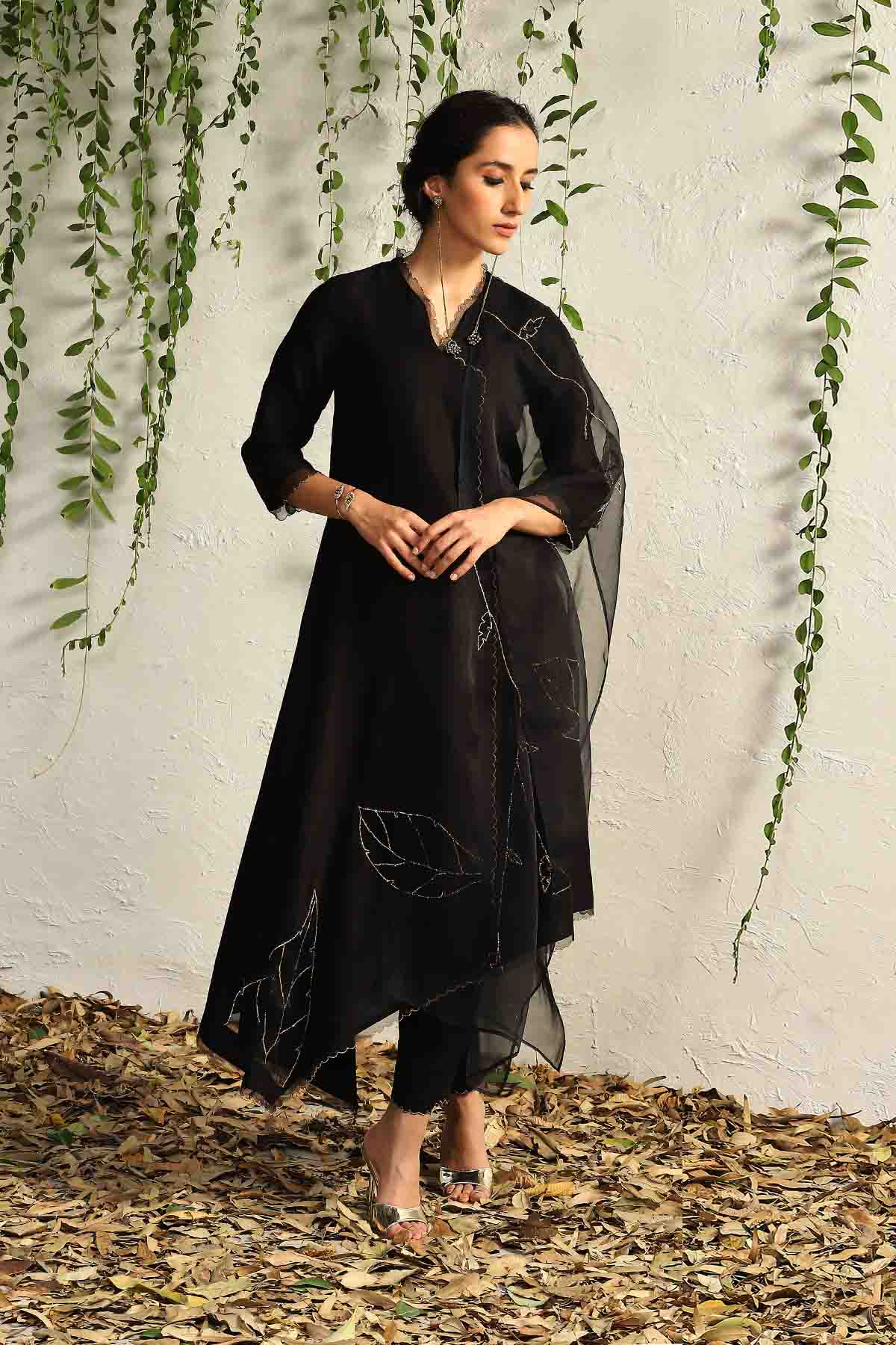 Buy Black Asymmetrical Kurta Set by Charkhee for women online at ScrollnShops