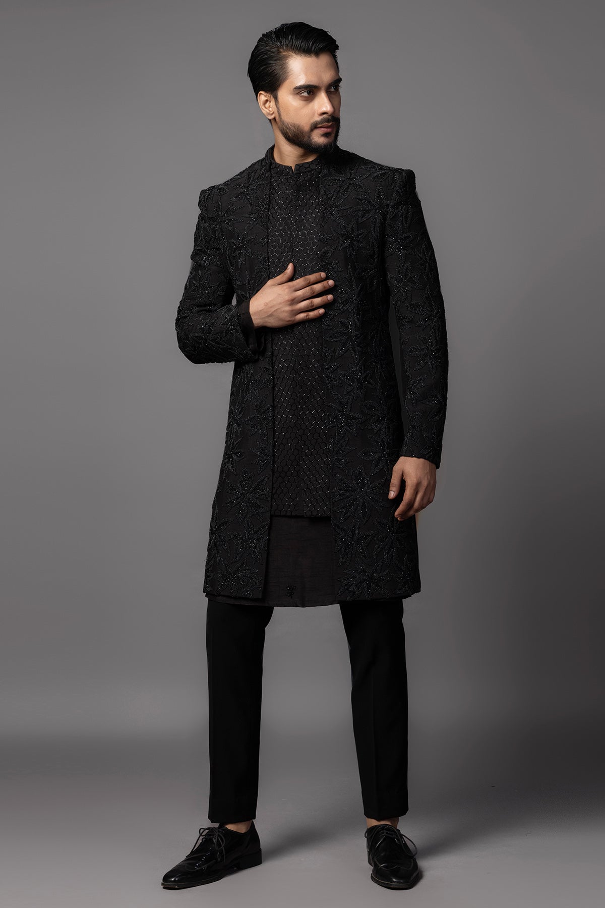 Black Bamsilk Moti Achkan Set