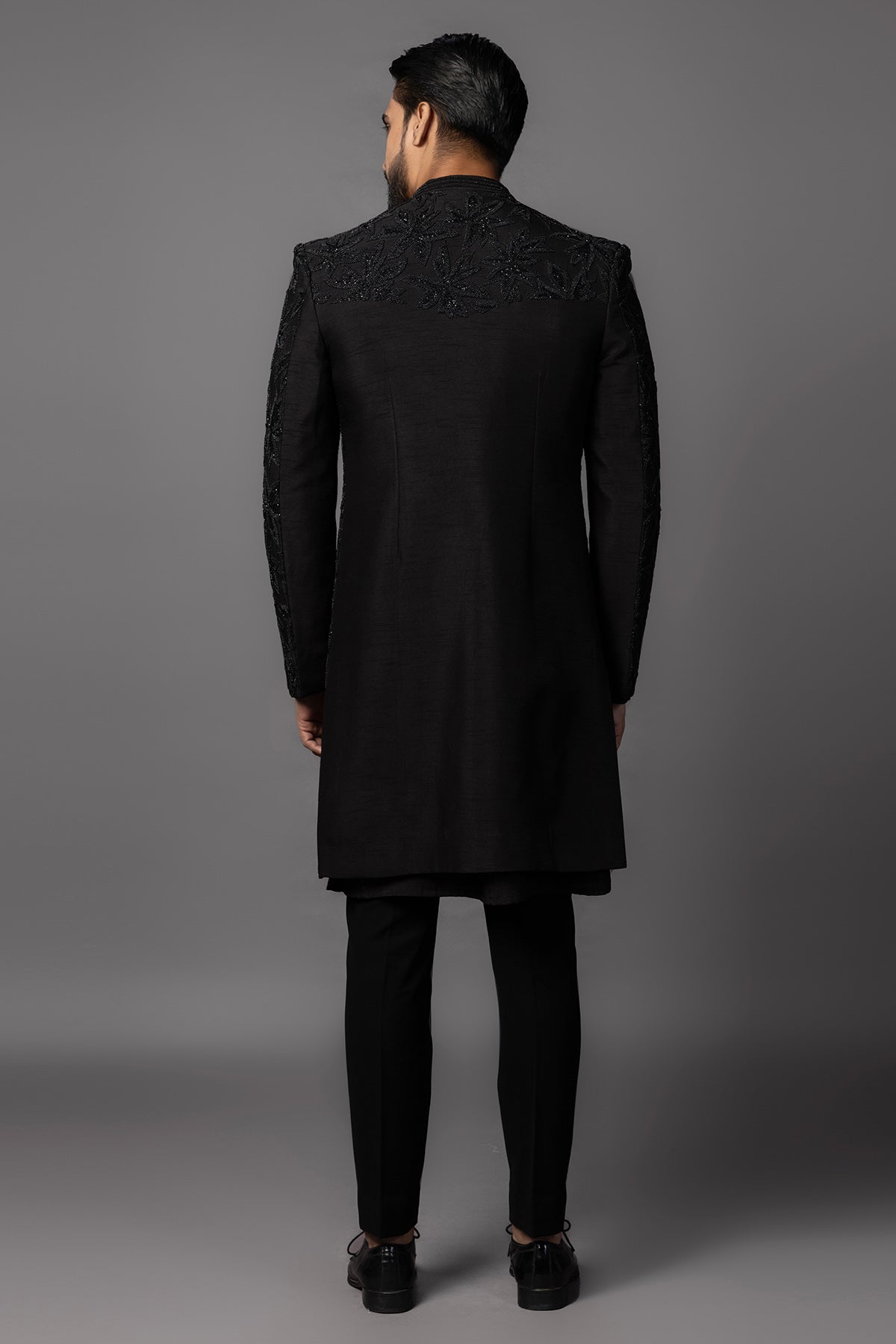 Black Bamsilk Moti Achkan Set