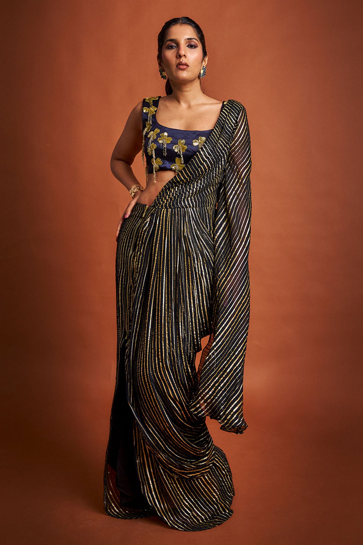 Black Beaded Detailed Saree Set