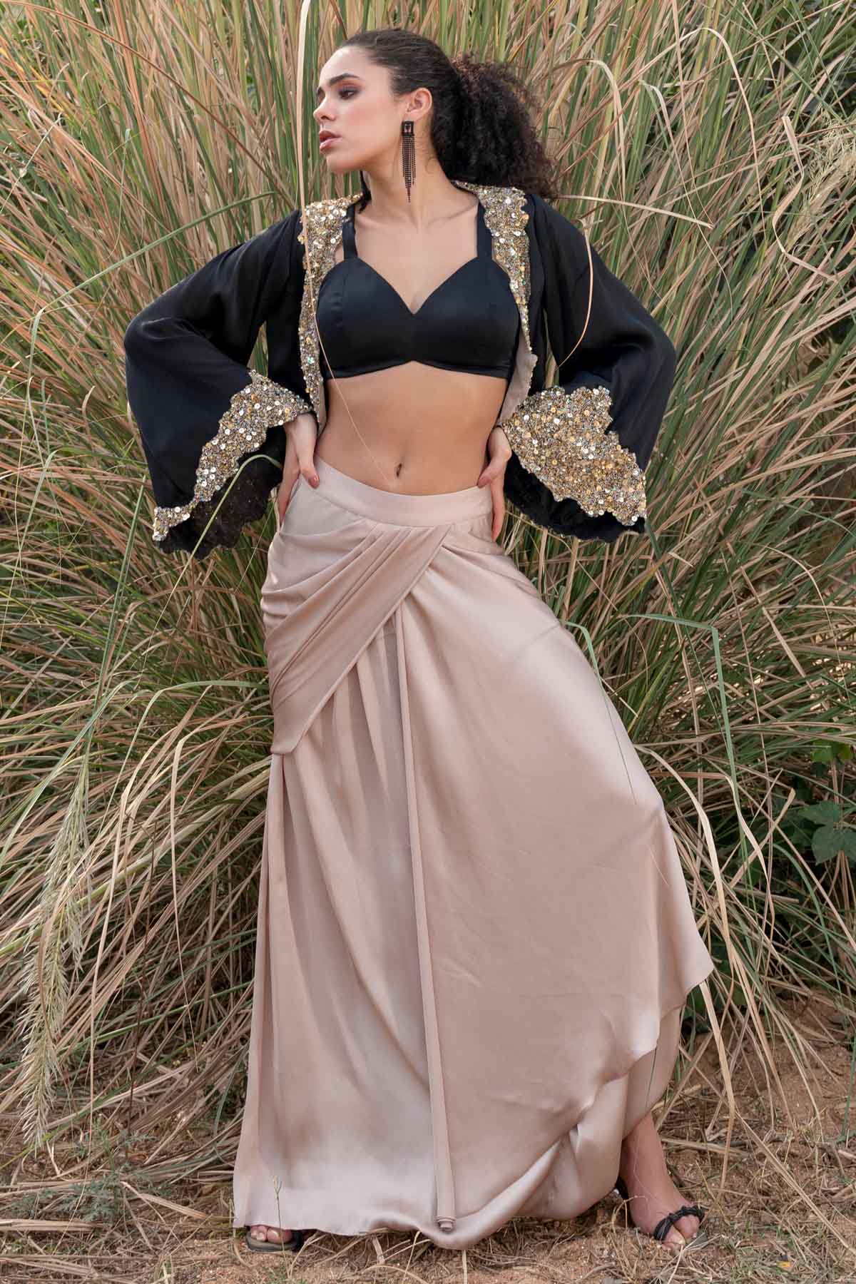 Kaprapan Black & Beige Drape Skirt Set for women online at ScrollnShops