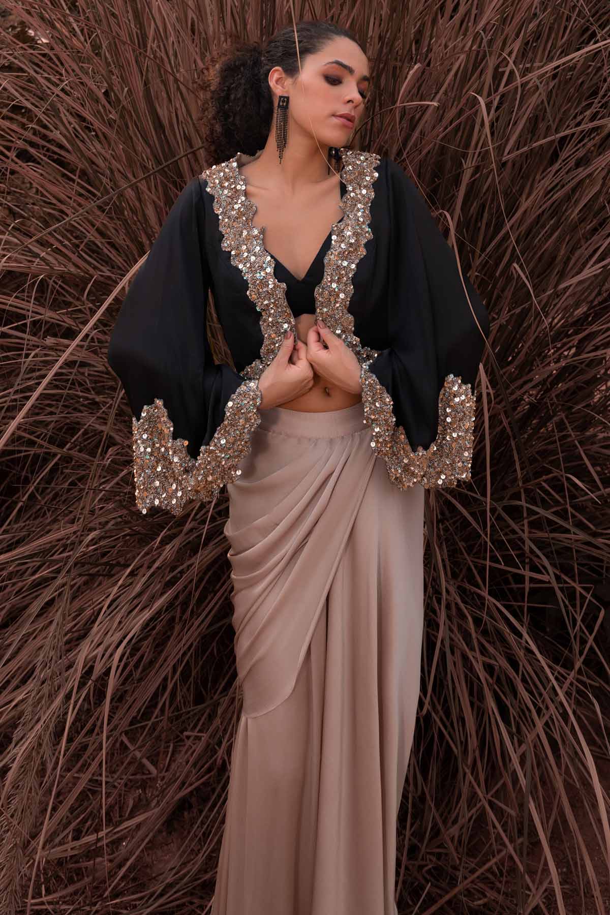 Black & Beige Drape Skirt Set