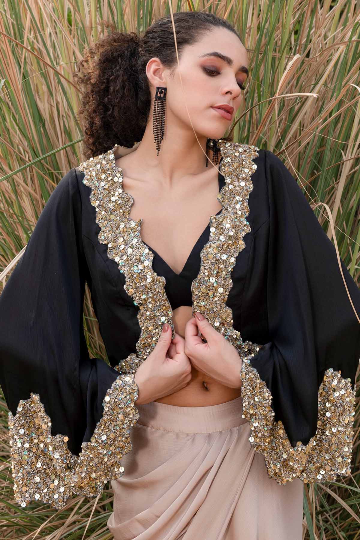 Black & Beige Drape Skirt Set