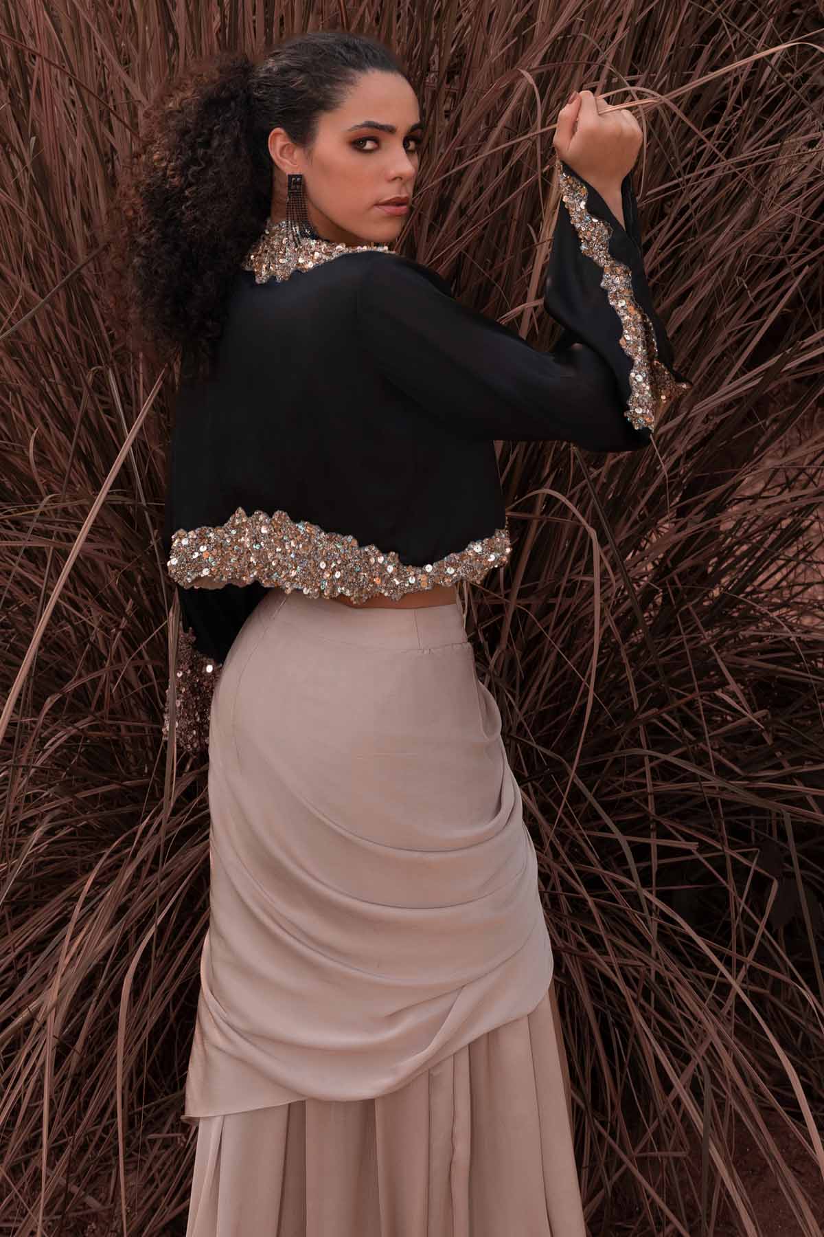 Black & Beige Drape Skirt Set