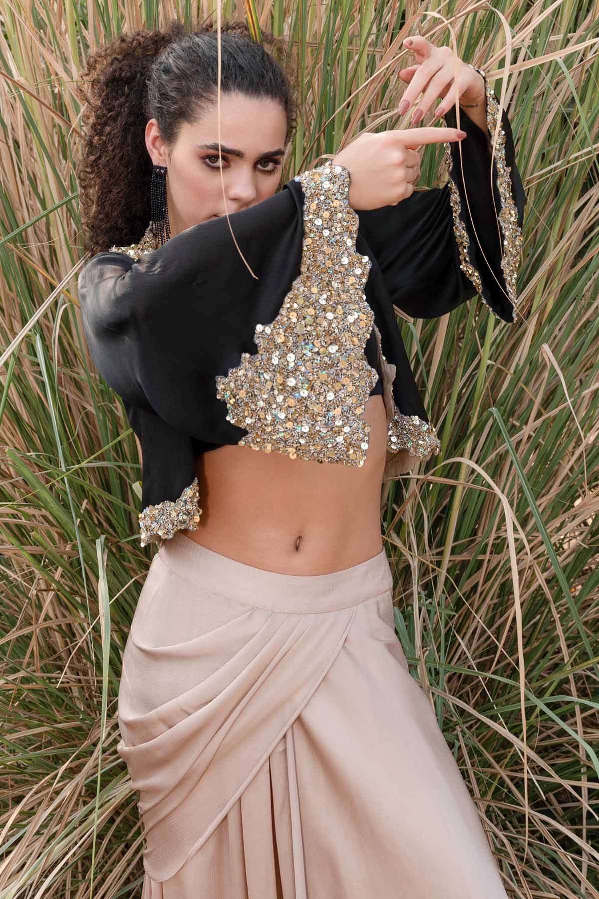 Black & Beige Drape Skirt Set