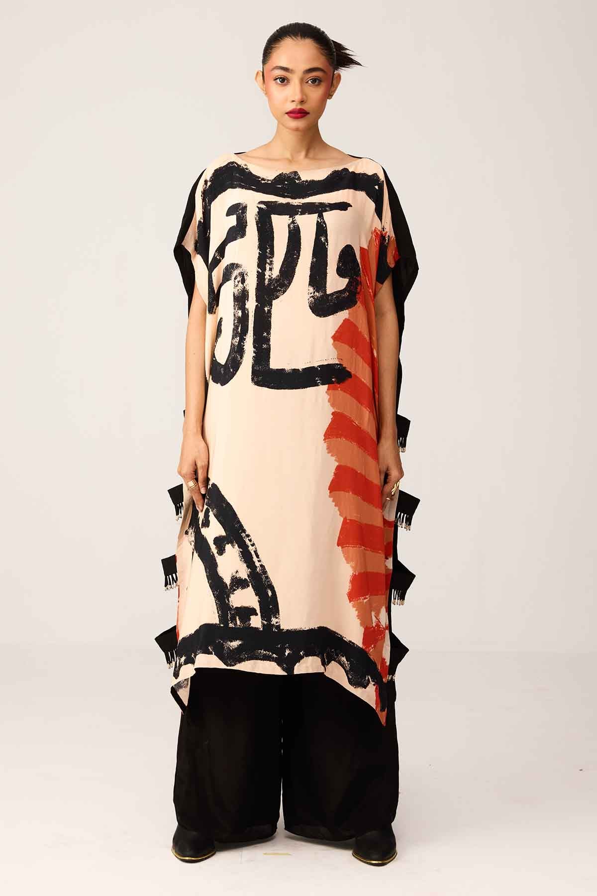 Black & Beige Printed Kaftan Set
