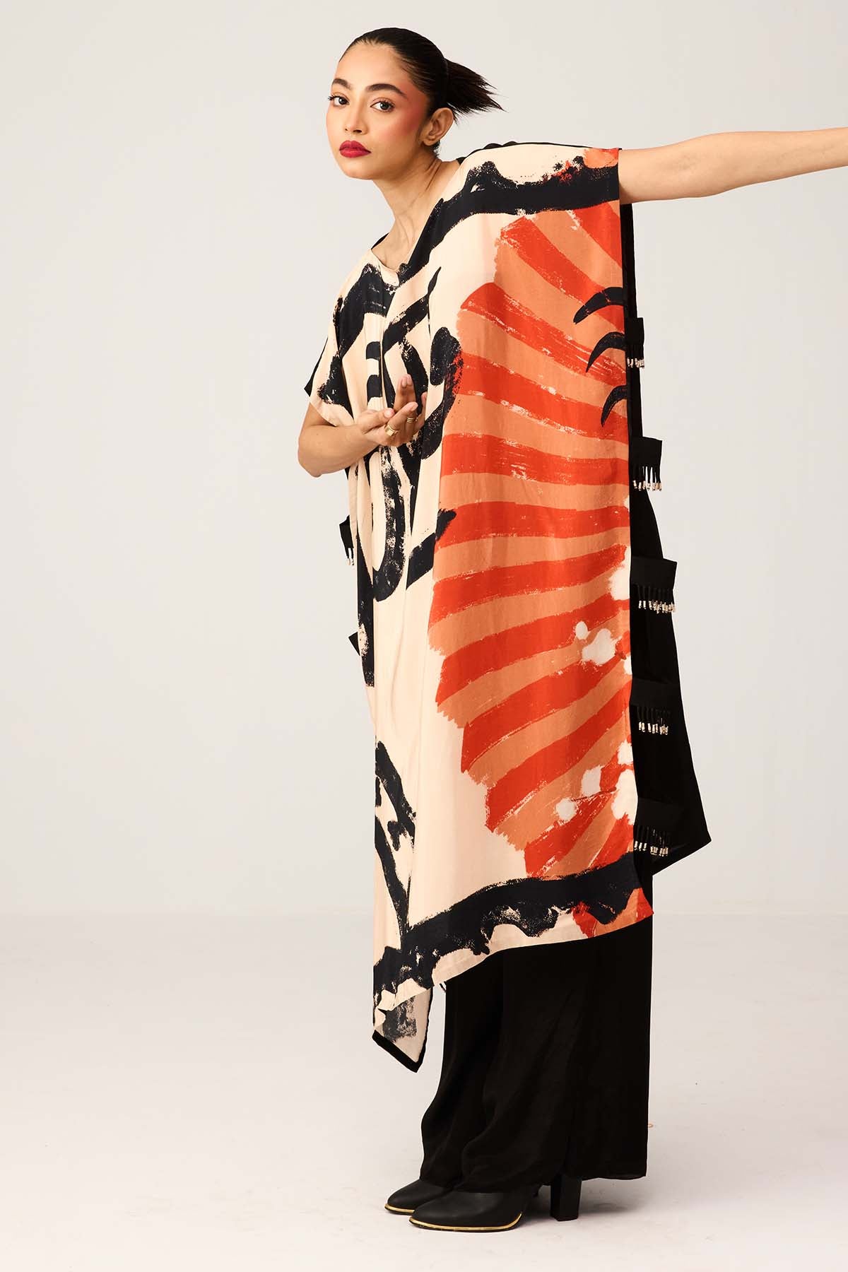 Black & Beige Printed Kaftan Set