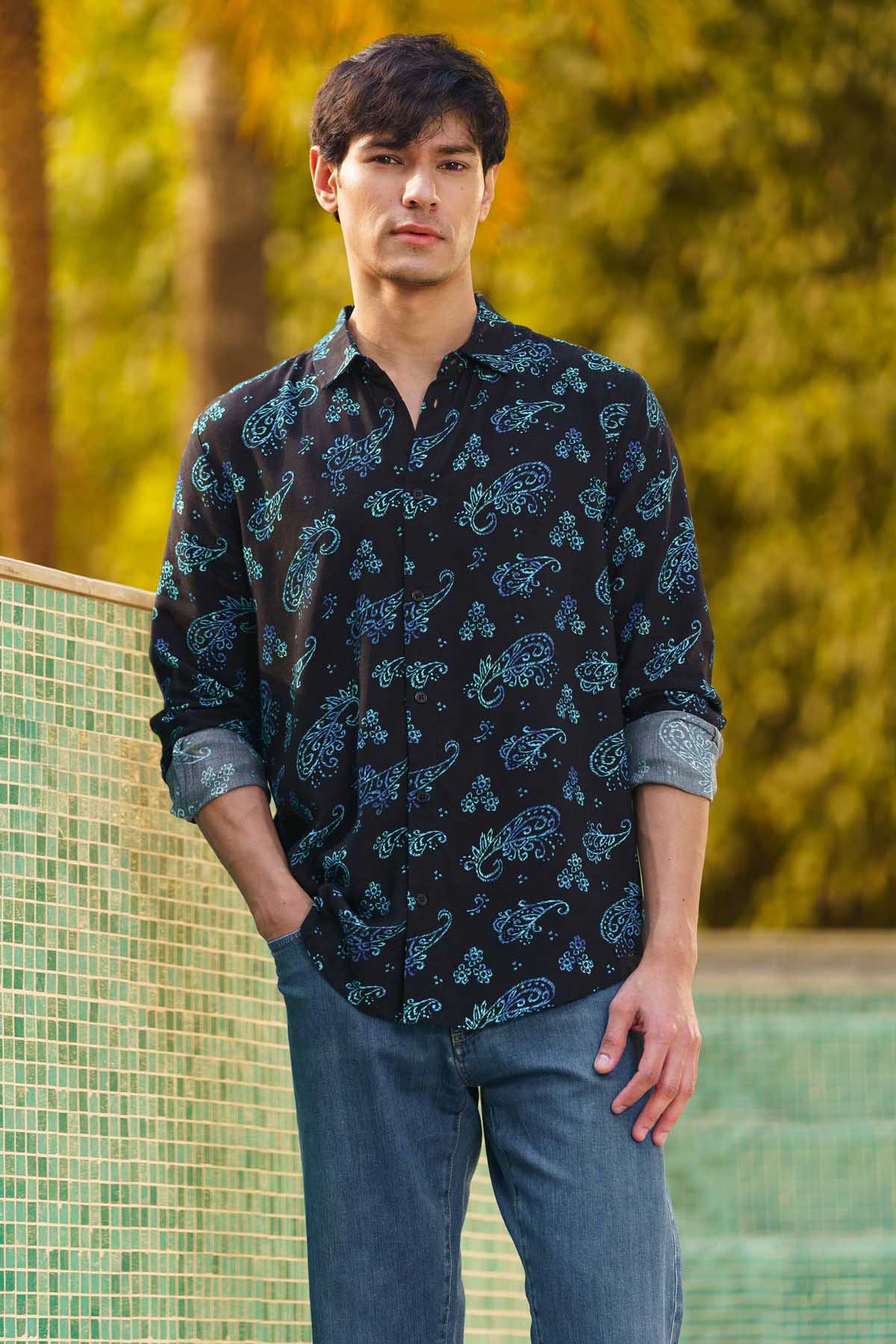 Black & Blue Rayon Print Shirt