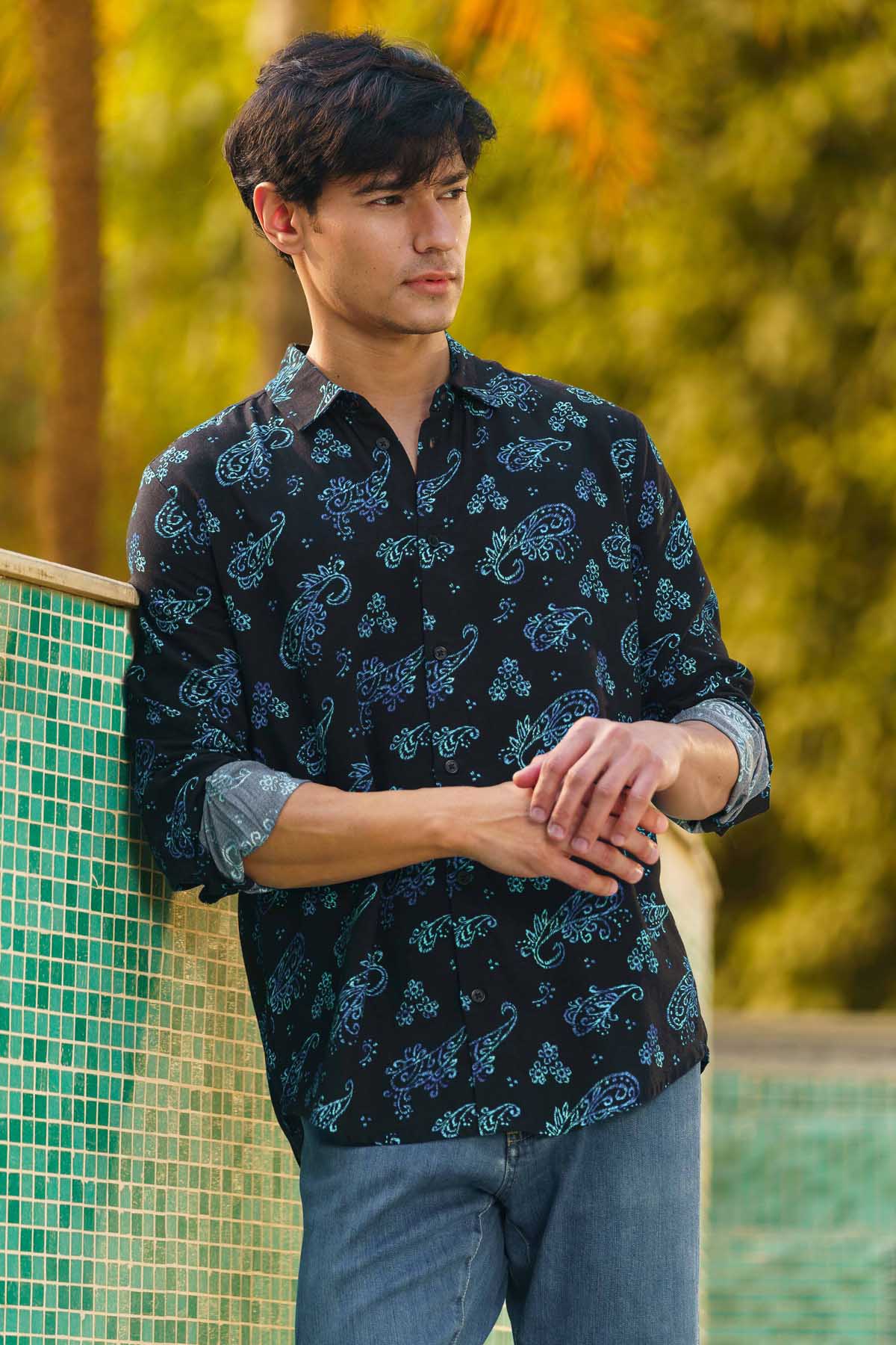 Black & Blue Rayon Print Shirt