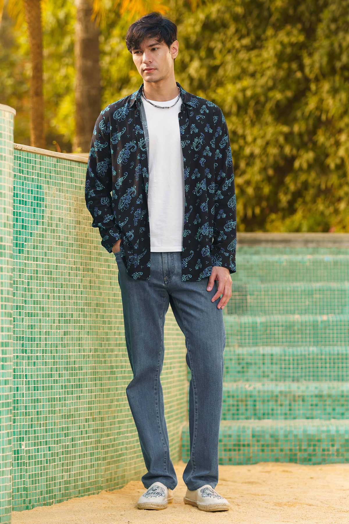 Black & Blue Rayon Print Shirt