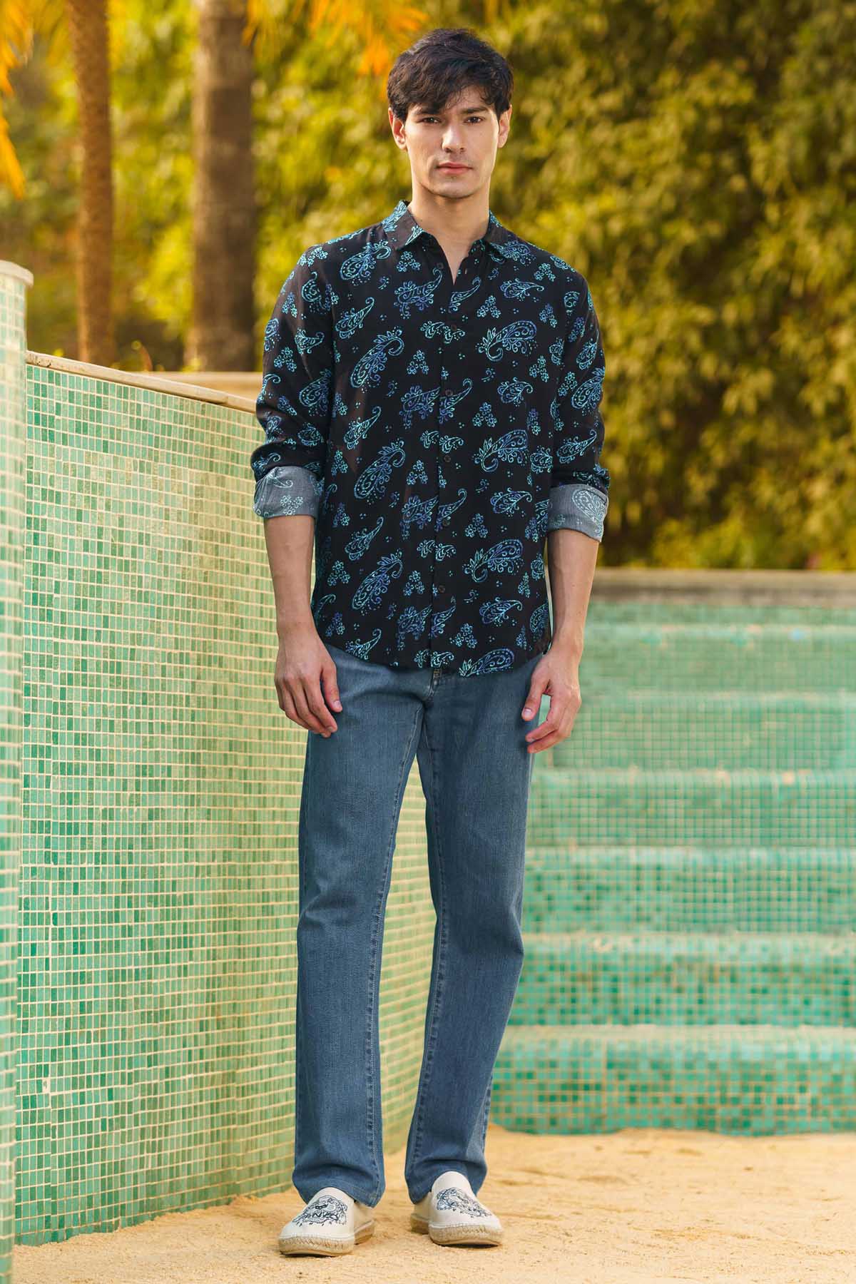 Sewtable Clothing Black & Blue Rayon Print Shirt for men online at ScrollnShops