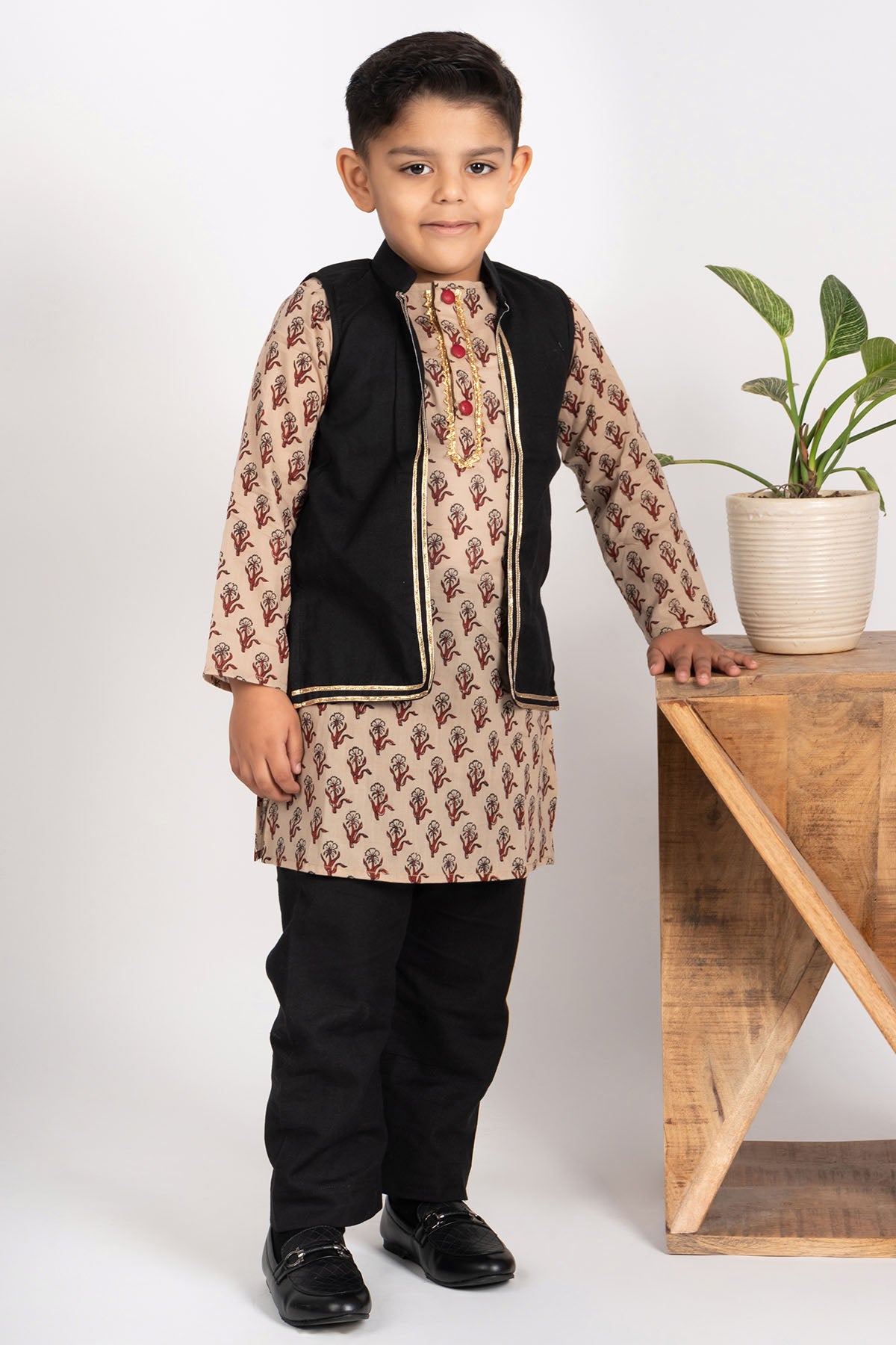 Buy Black & Brown Cotton Jacket Set by ViYa for Boys online at ScrollnShops