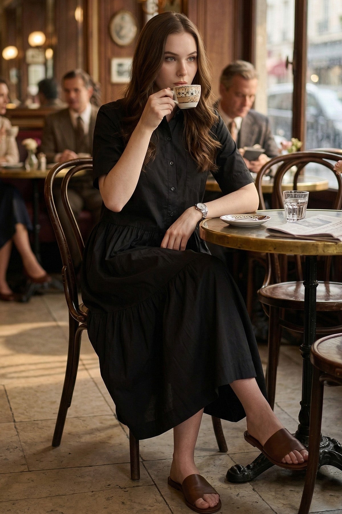 Black Button Tiered Midi Dress