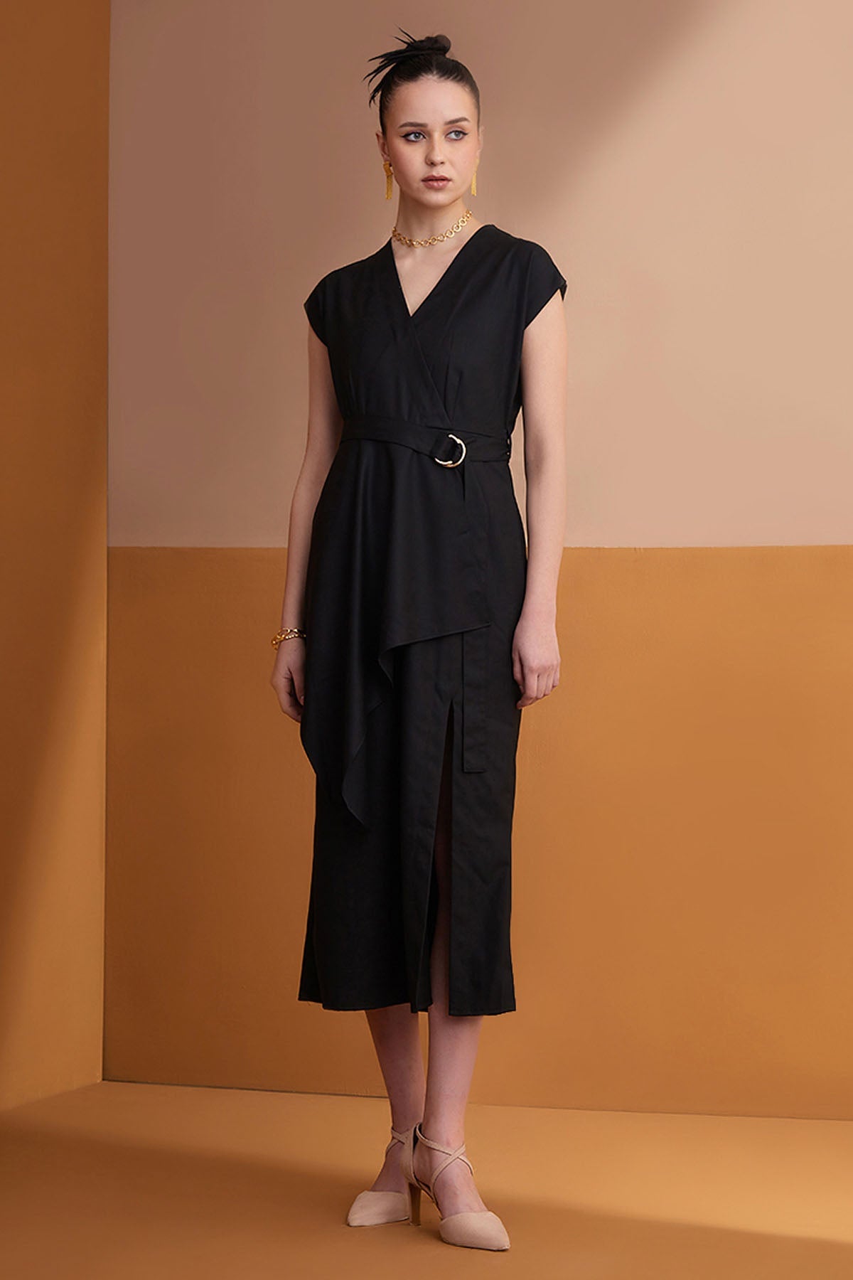 Vanten Black Cape Sleeves Midi Dress for women online at ScrollnShops