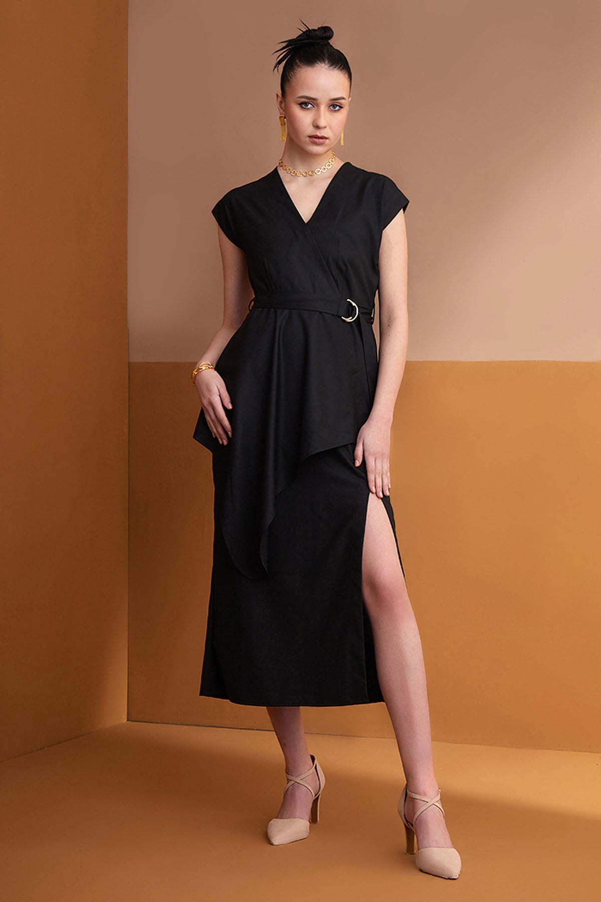 Black Cape Sleeves Midi Dress