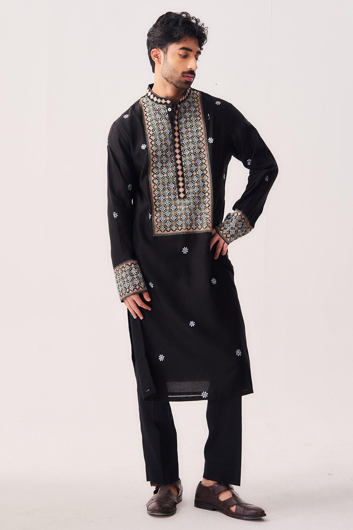 Buy Black Chanderi Kurta And Pants for Men by WABI SABI available online at ScrollnShops