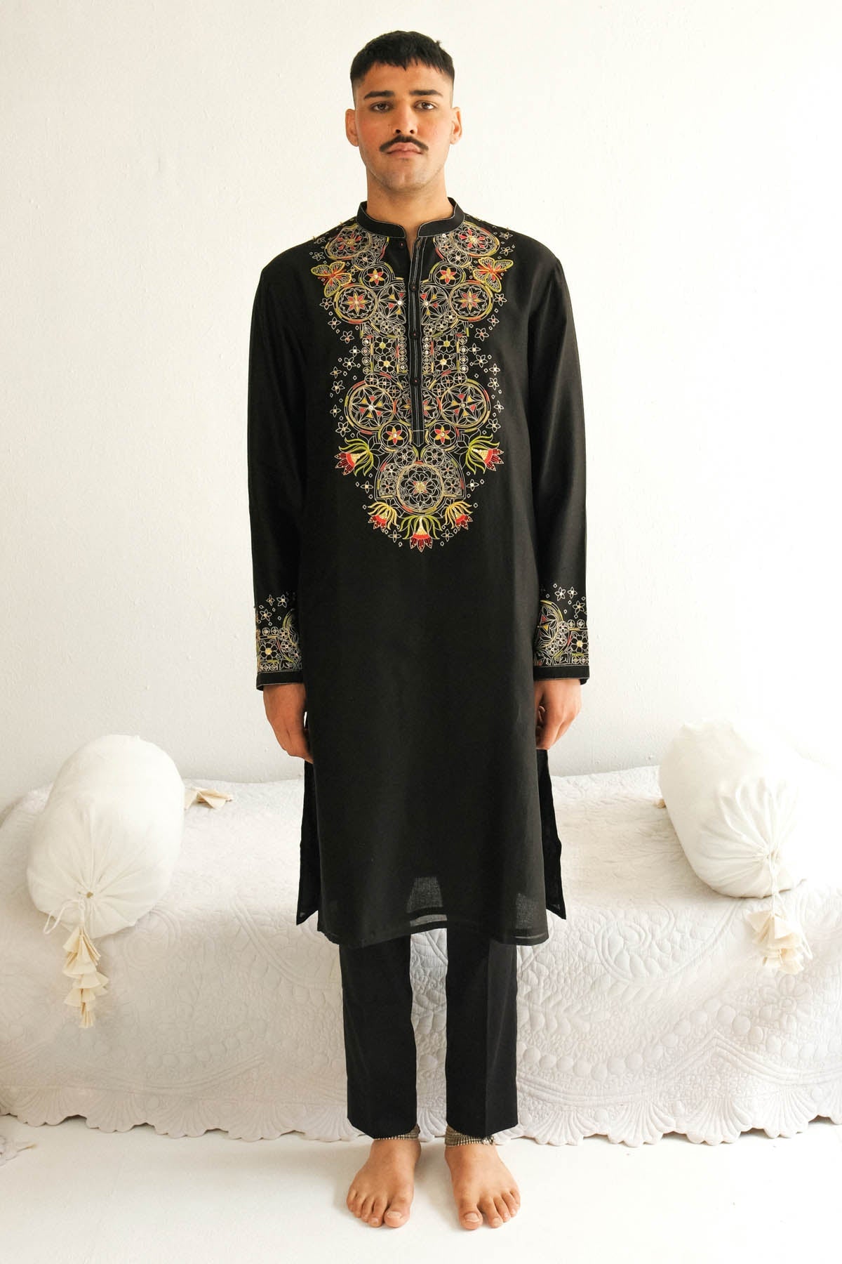 WABI SABI Black Chanderi Kurta & Pyjama for men online at ScrollnShops