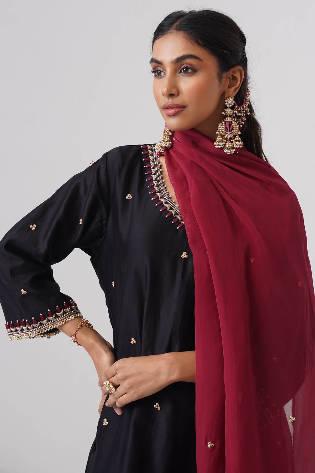 Black Chanderi Pearl Kurta Set