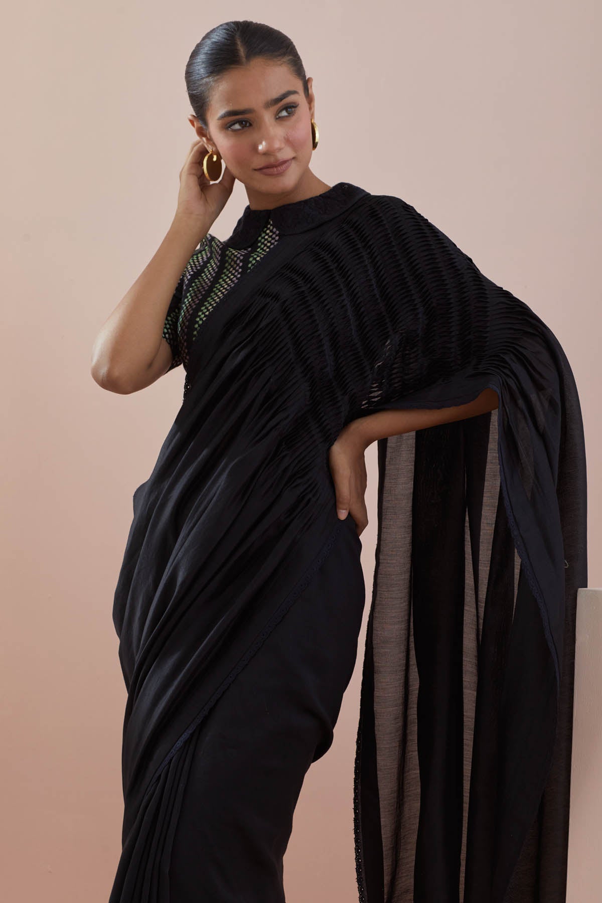 Black Chanderi Pintuck Saree